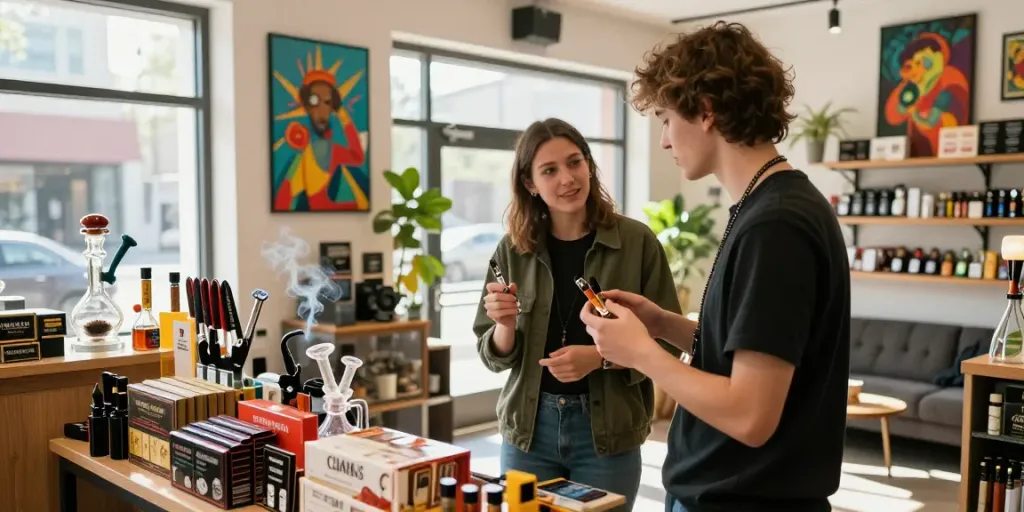 Customer exploring diverse smoking products at the rokok88 smoke shop, engaging in lively discussion.