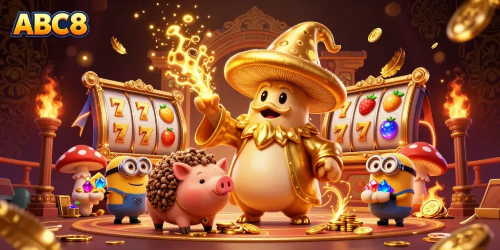 Experience the thrills of ABC8's online gambling world with vibrant slot reels and magical characters.