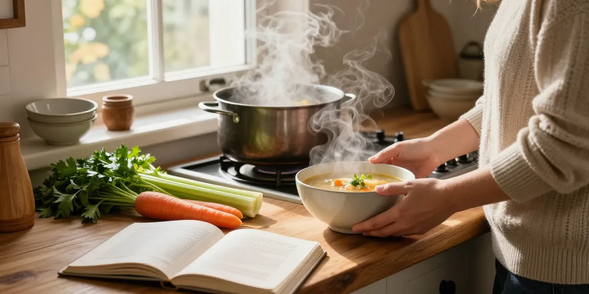 Leckere Klare Suppe, die in einer warmen, einladenden Küche mit frischem Gemüse zubereitet wird.