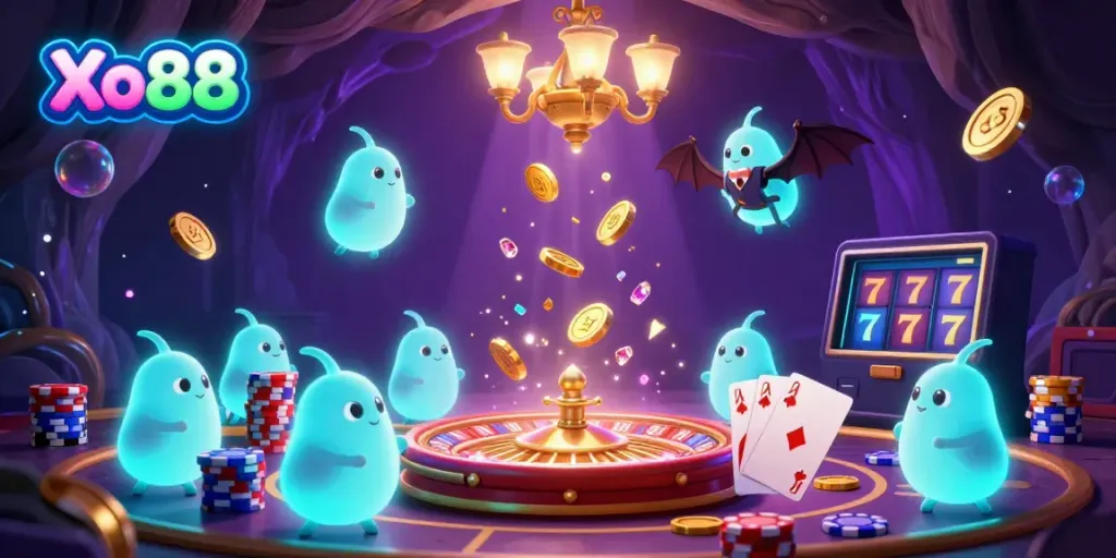 Experience thrilling gambling at Xo88 with dynamic glowworms illuminating a vibrant cave casino scene.