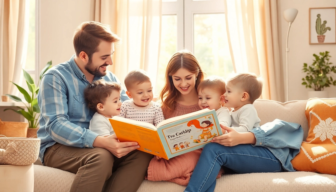 Kindererziehung: Eltern lesen liebevoll einem Kind in einer hellen, freundlichen Umgebung vor.