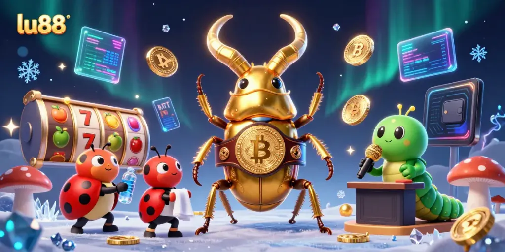 lu88 hosts a vibrant casino scene featuring a golden stag beetle boxer and cartoon characters, surrounded by dynamic slot elements