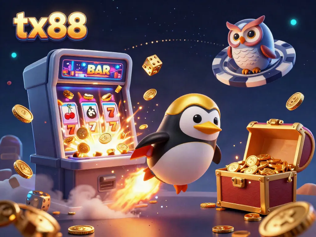 Experience the excitement of tx88 with a golden penguin blasting through space towards a jackpot-filled casino.