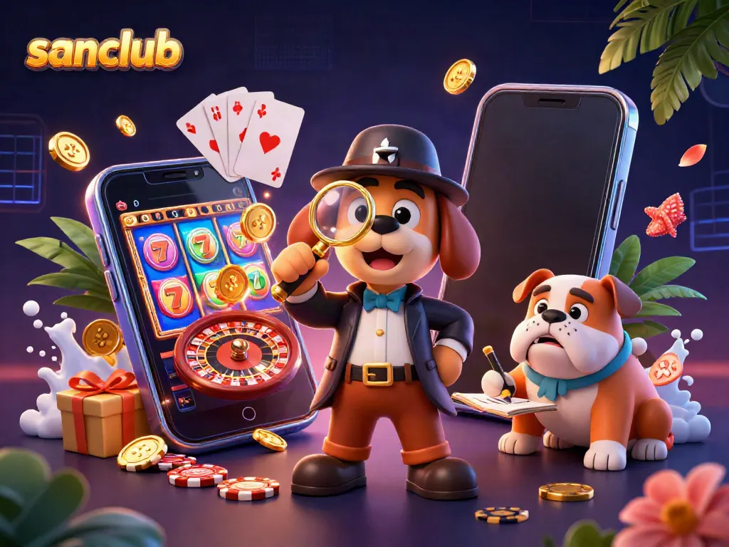 Examine winning strategies at Sanclub with a detective and companion in a dynamic casino scene.
