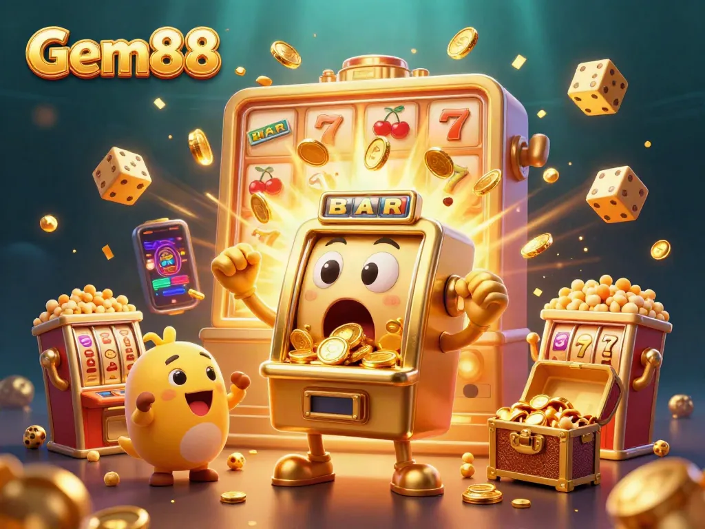 Engaging depiction of Gem88's golden slot machine hitting jackpots, surrounded by cheering mini slot machines.