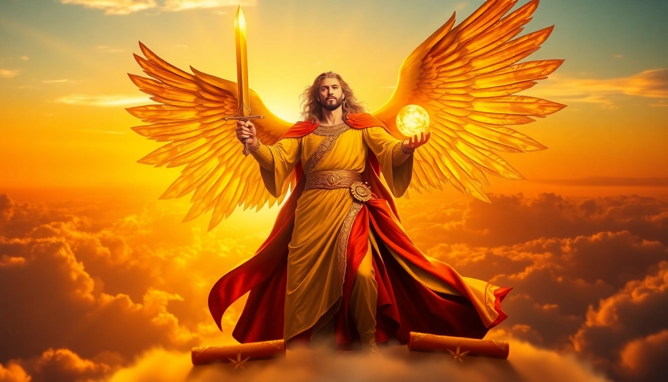 Erzengel Uriel mit leuchtendem Schwert und göttlicher Präsenz in himmlischer Umgebung.