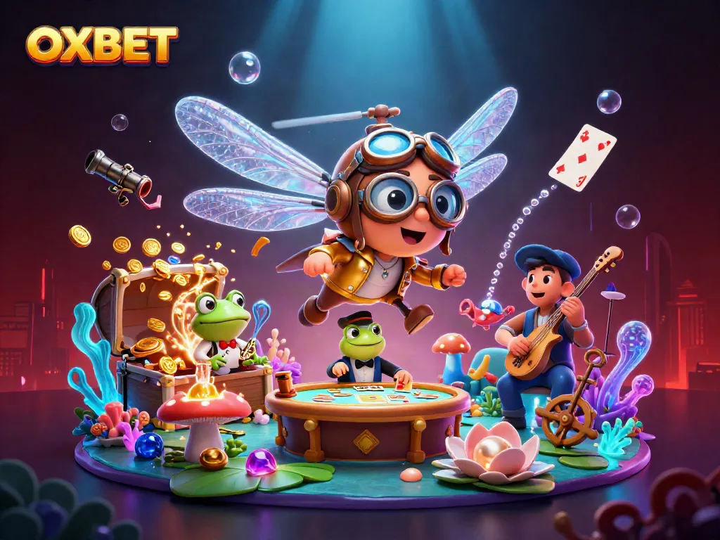 Experience the excitement of OXBET as the frog dealer shuffles cards with vibrant casino atmosphere.