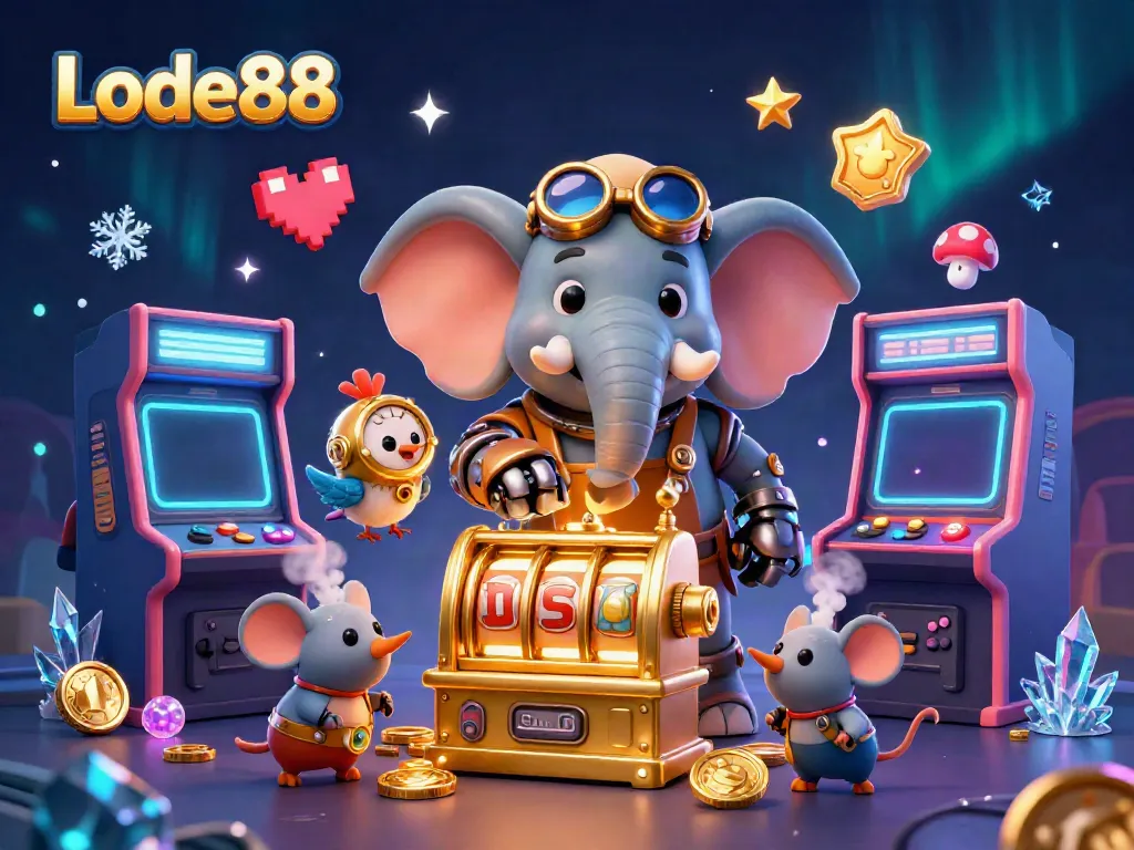 Experience the excitement of Lode88 in this vibrant, 3D illustration of a steampunk elephant operating a dynamic slot machine.