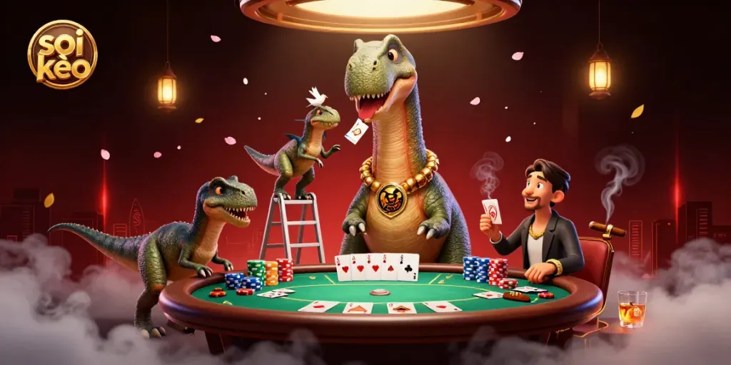 Soi kèo strategy in a vibrant 3D casino scene featuring cartoon dinosaurs and a poker game.