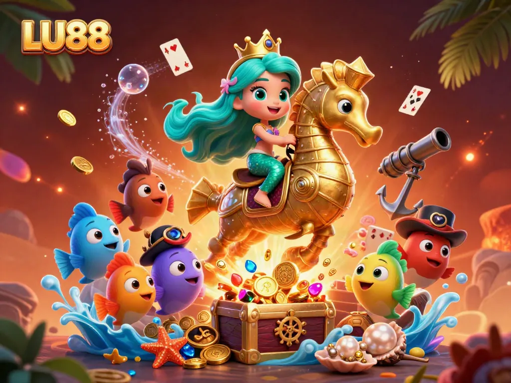 LU88 immerses players in a vibrant, underwater scene filled with treasures and gaming excitement.