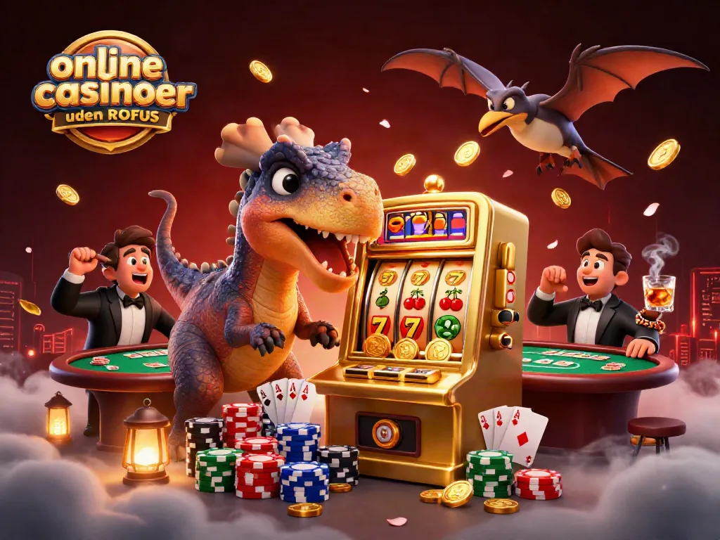 Engaging illustration of online casinoer uden ROFUS featuring a playful dinosaur hitting a slot machine.