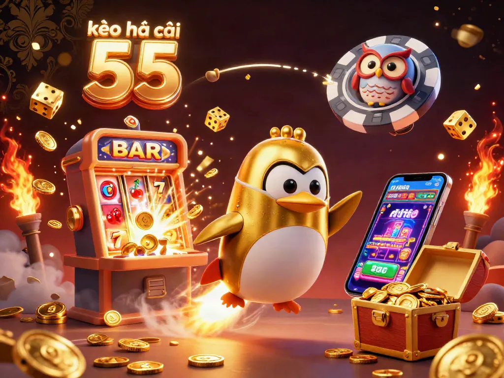 Engage in thrilling sports betting with kèo nhà cái 55, featuring vibrant casino elements and golden penguin.