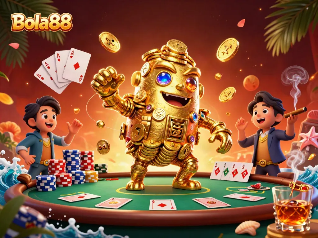 Bola88 delivers an exciting poker experience with vibrant casino elements and golden characters.