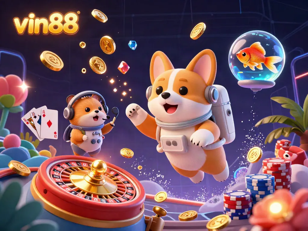 Experience thrilling gaming at vin88, featuring a 3D astronaut corgi in a bustling space casino.