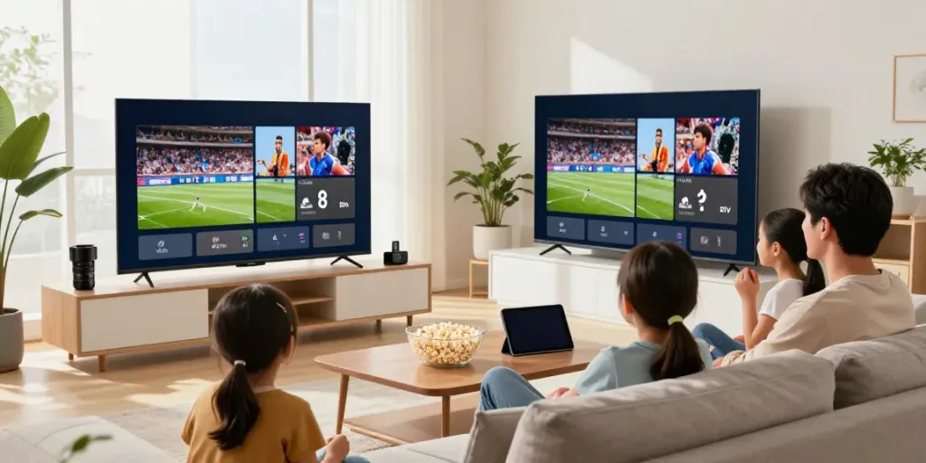 Family using IPTV anbieter service on a large TV in a cozy living room.
