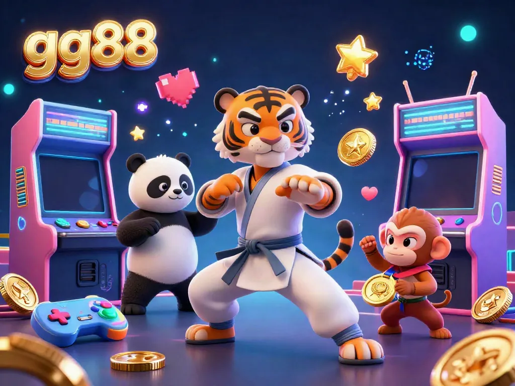 Engage in thrilling games on gg88 with vibrant characters and colorful arcade elements in this rich, dynamic scene.