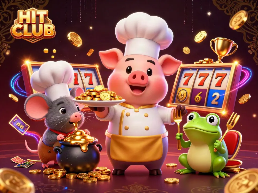 Engaging HIT CLUB casino illustration showing a chef pig serving gold coins, enhancing the excitement of slots.