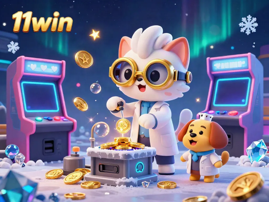 Experience thrilling casino gameplay with the dynamic illustration of 11win's animated characters creating gold coins.