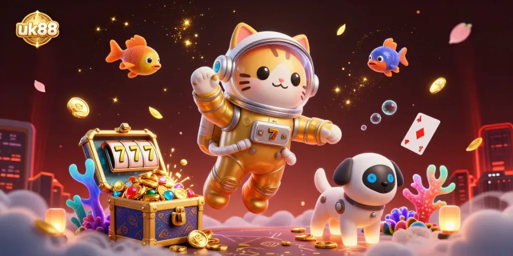 Experience the exciting world of uk88 with a vibrant 3D illustration featuring an astronaut cat and casino elements.