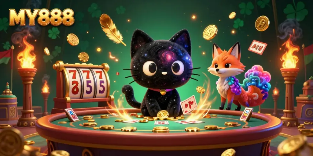 Players engage with MY888's cosmic casino, featuring a black hole cat and nebula fox amidst colorful slot elements.