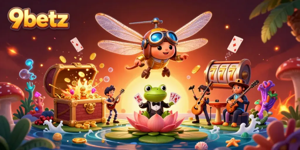 Experience thrilling gameplay at 9betz with a vibrant casino scene featuring a dragonfly pilot, frog dealer, and more.