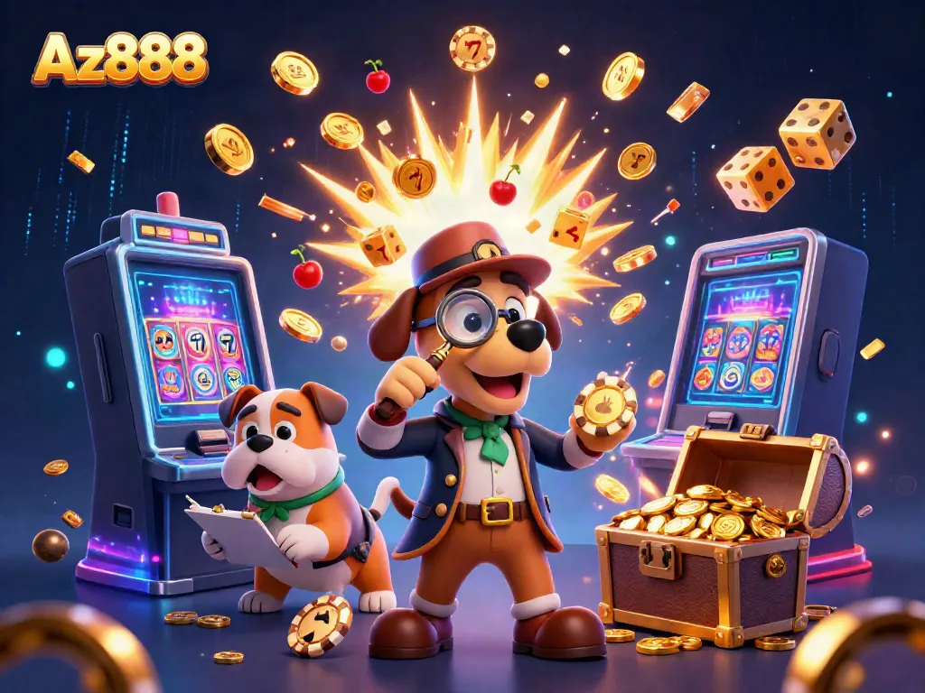 Spin winning coins at Az888 with 3D detective characters exploring various casino clues and treasures.