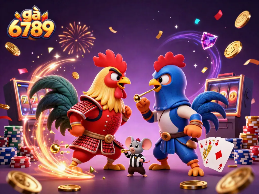 Cockfight showdown at gà 6789 featuring samurai and ninja roosters with coins and cards flying everywhere.
