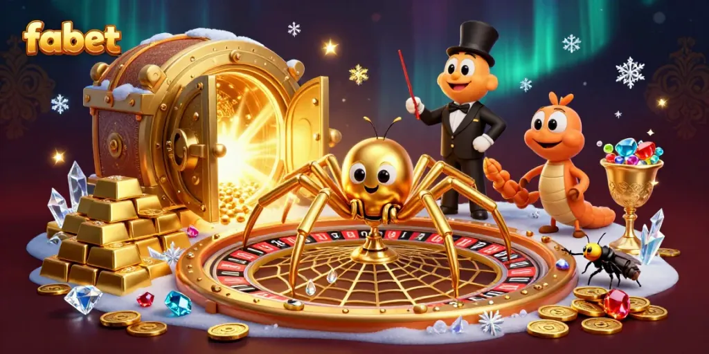 Engage in thrilling bets at Fabet with a golden spider-themed casino scene.