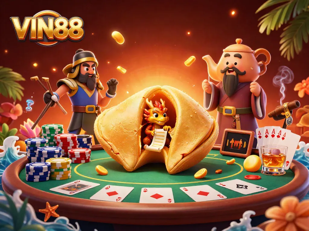 Engage with thrilling VIN88 action as wise dragon guards golden fortune amidst poker excitement.