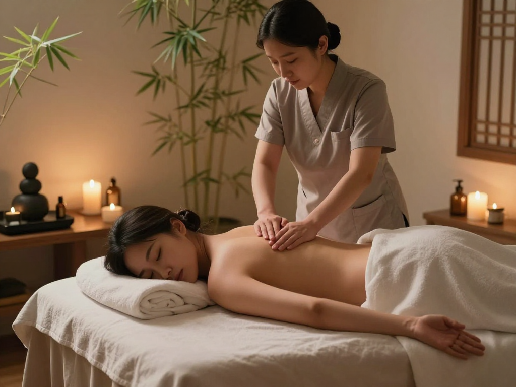 Relaxing 서울출장안마 session in tranquil spa environment with calming elements.