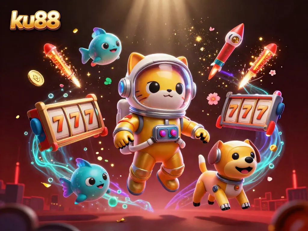 Experience the excitement of ku88 with a vibrant 3D illustration of a space-themed casino adventure.