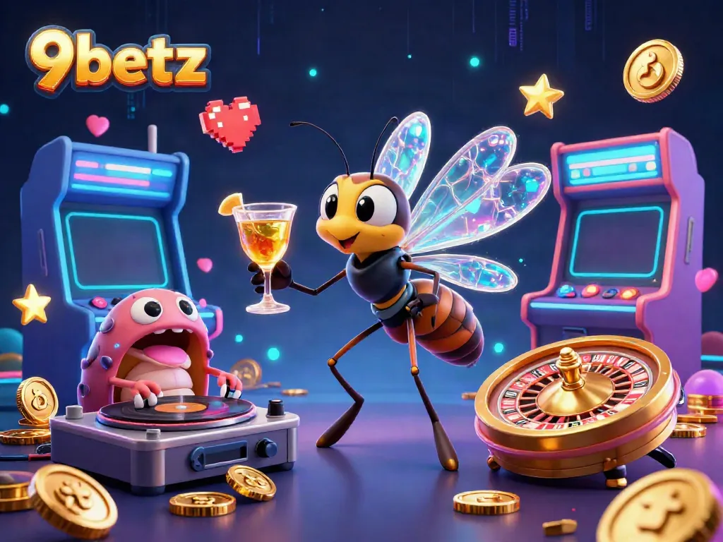 Engage in high-stakes gaming at 9betz featuring a lively casino scene with unique characters.