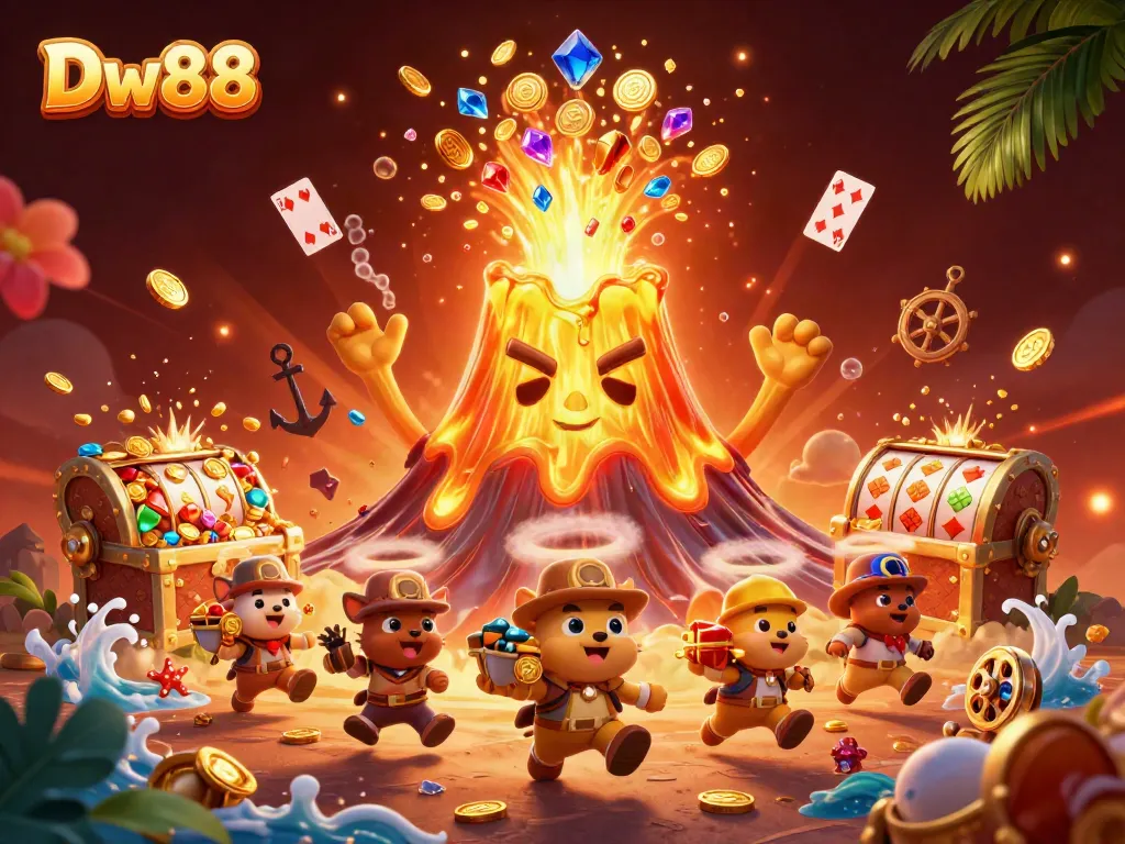 Experience thrilling wins at Dw88 with a golden volcano erupting coins and treasures in a dynamic casino scene.