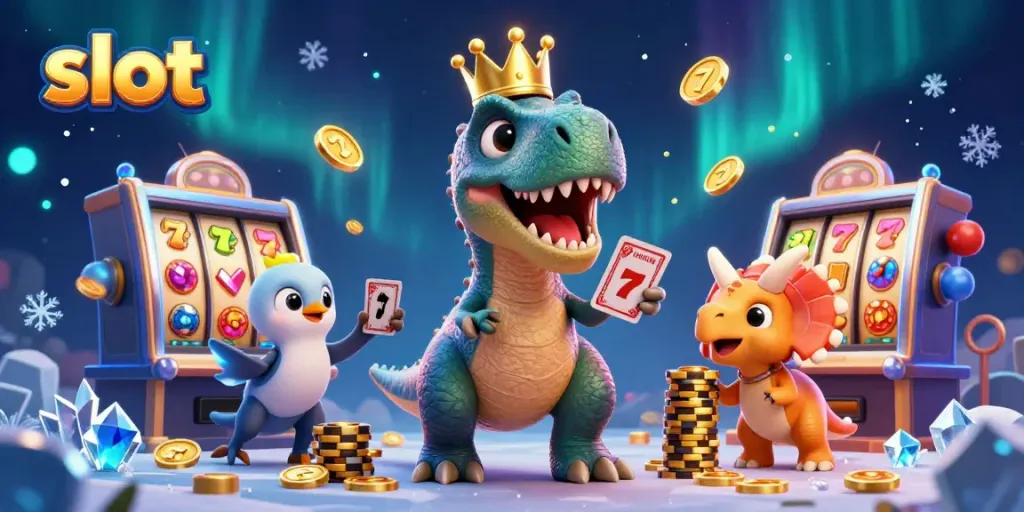 Engaging scene with a T-Rex shuffling cards alongside a pterodactyl and triceratops, thematic with slot games.
