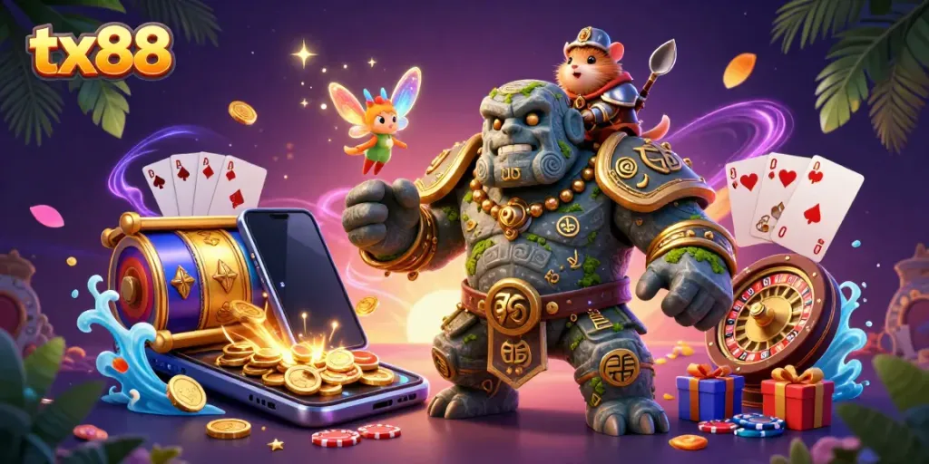 Engage with tx88 and experience vibrant online gaming through a magical illustration featuring a cartoon golem guardian and whimsical characters.