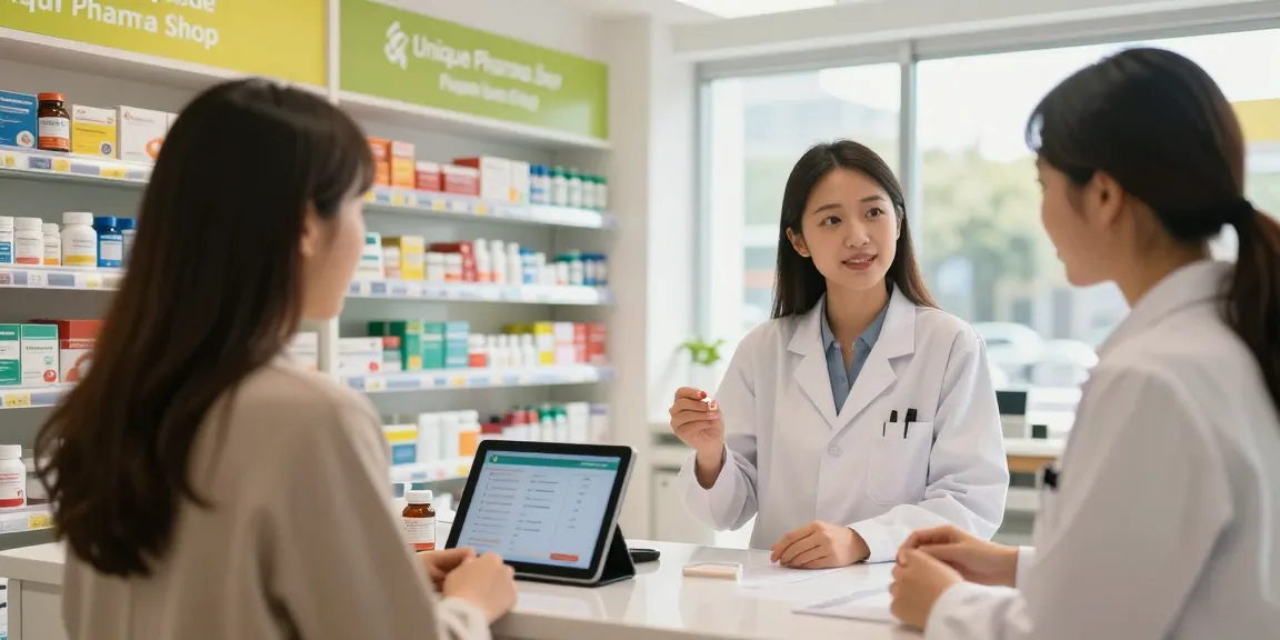 Einkaufsatmosphäre im Unique Pharma Shop, wo ein Apotheker Beratung zu Gesundheitsprodukten bietet.