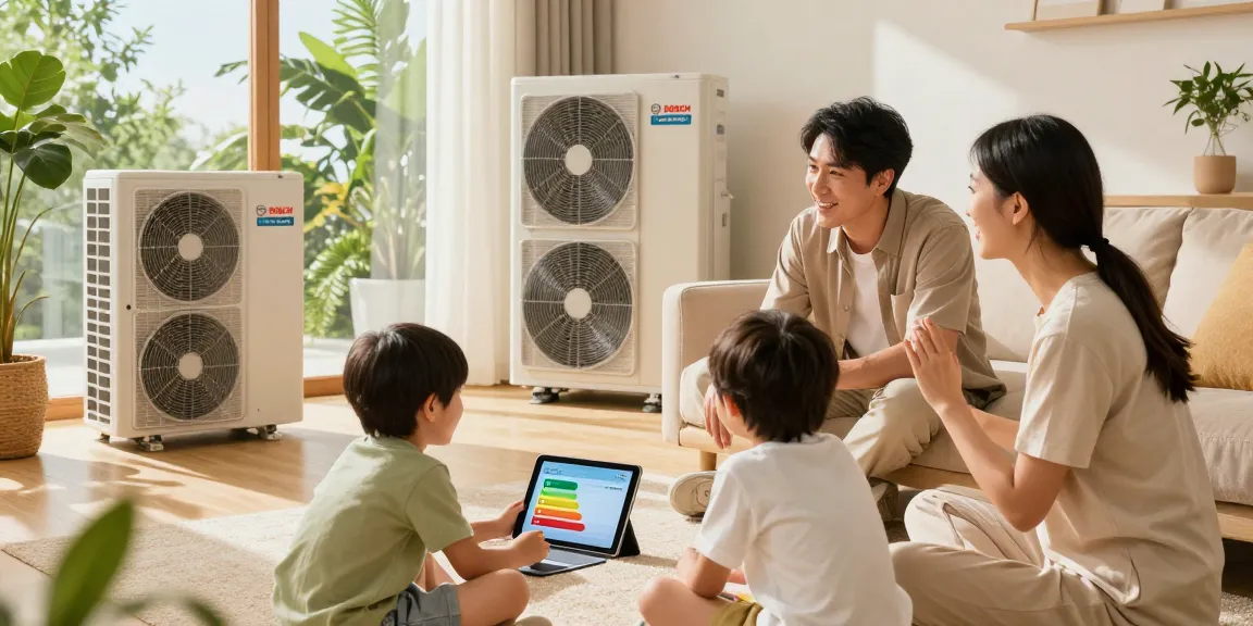Family exploring benefits of wärmepumpe bosch in a cozy living room.