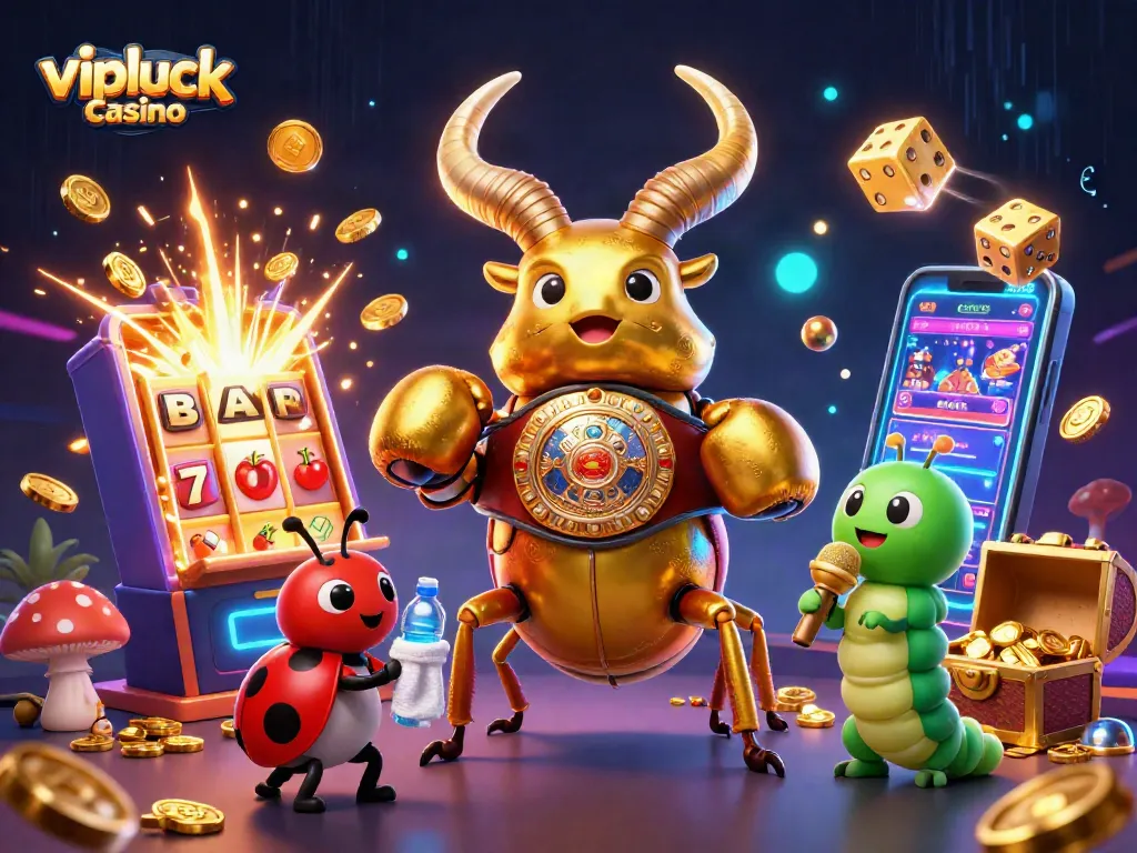 Experience the thrill of vipluck casino with animated rewards, gold coins, and vibrant game elements.