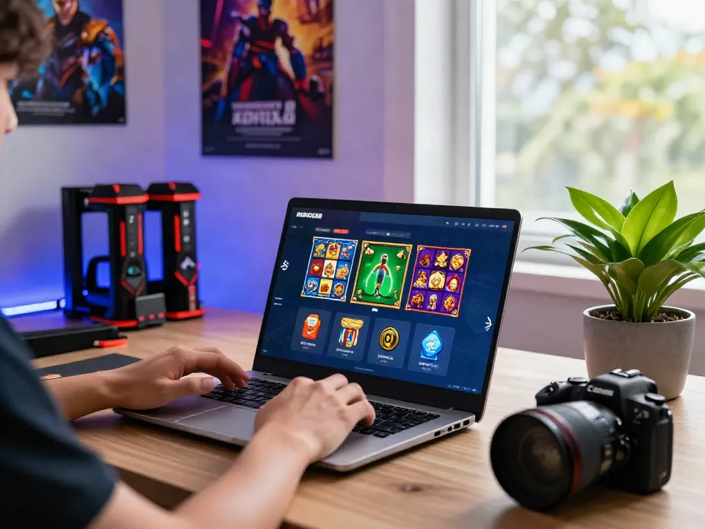 Engaged gamer enjoying diverse games on ROKOK88 platform in a vibrant workspace.