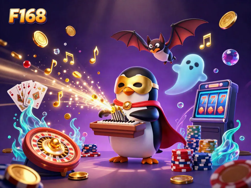 Join F168 in a thrilling casino adventure with a penguin organist amid flying coins and vibrant game elements.
