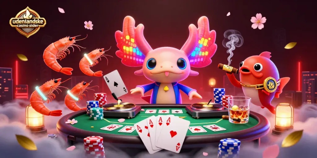 Join the vibrant energy of udenlandske casino sider with an axolotl DJ amidst colorful casino elements.