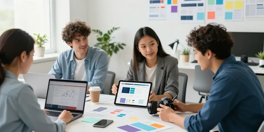 Professionelles Webdesign Saarland-Team bei der kreativen Zusammenarbeit in einem modernen Büro.