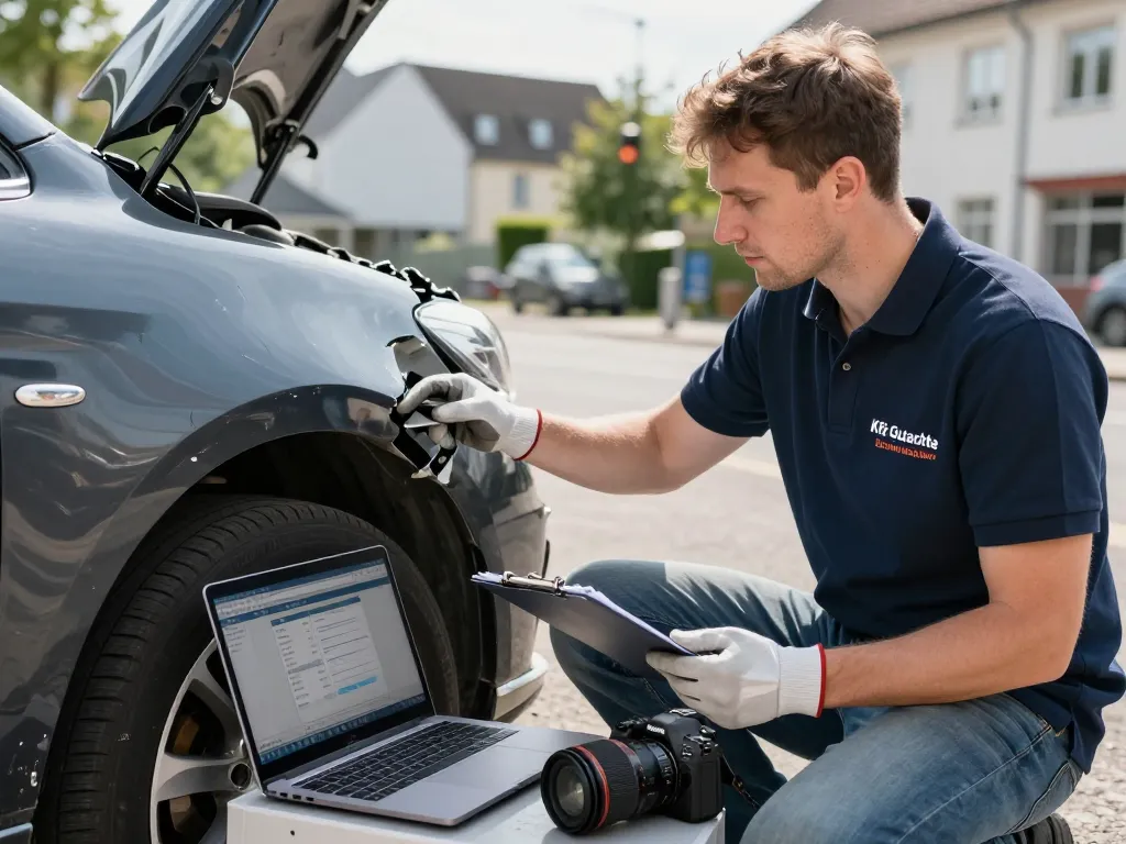 Kfz-Gutachter Eschweiler bewertet Fahrzeugschäden mit professionellen Werkzeugen und Laptop im Freien.
