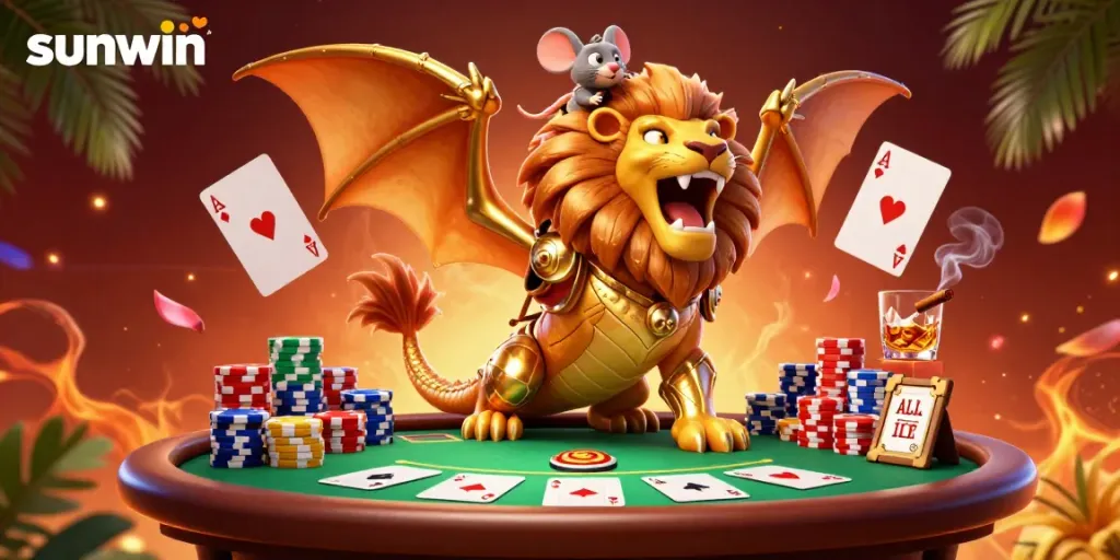 Engage with sunwin's dynamic casino scene, featuring a chimeric champion and poker elements in vibrant detail.