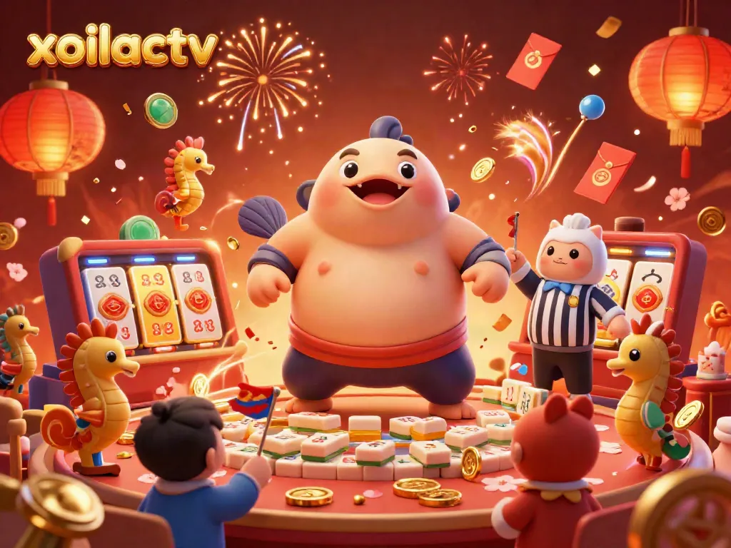 Xoilactv showcases an energetic underwater gaming scene with a fugu sumo wrestler and catfish referee, surrounded by festive elements.