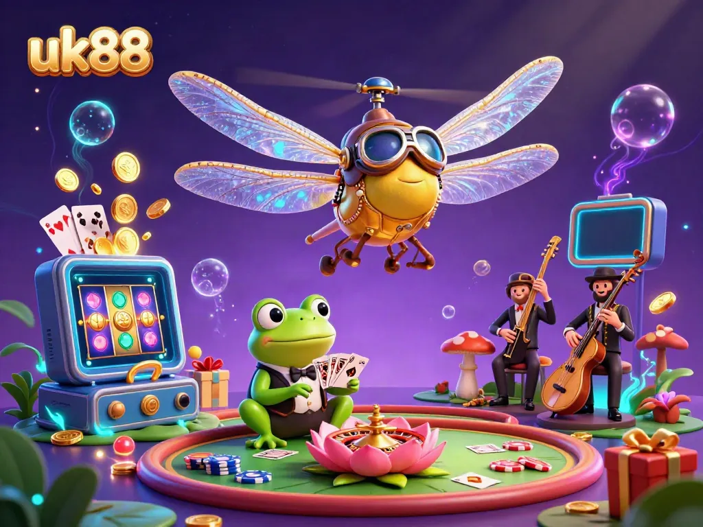 Engage in thrilling casino action with uk88's vibrant scene of a dragonfly pilot, frog dealer, and jazz musicians.