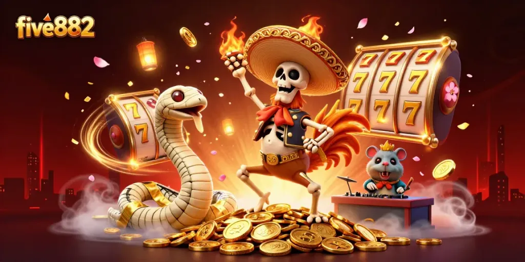 Experience thrilling wins at five882 with a dynamic scene of a mariachi rooster, mummy snake, and DJ hamster celebrating amidst golden slots and festive decor.