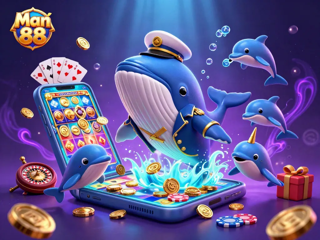 Engage in Man 88's thrilling games with a whale captain and dolphins amidst a vibrant casino scene.