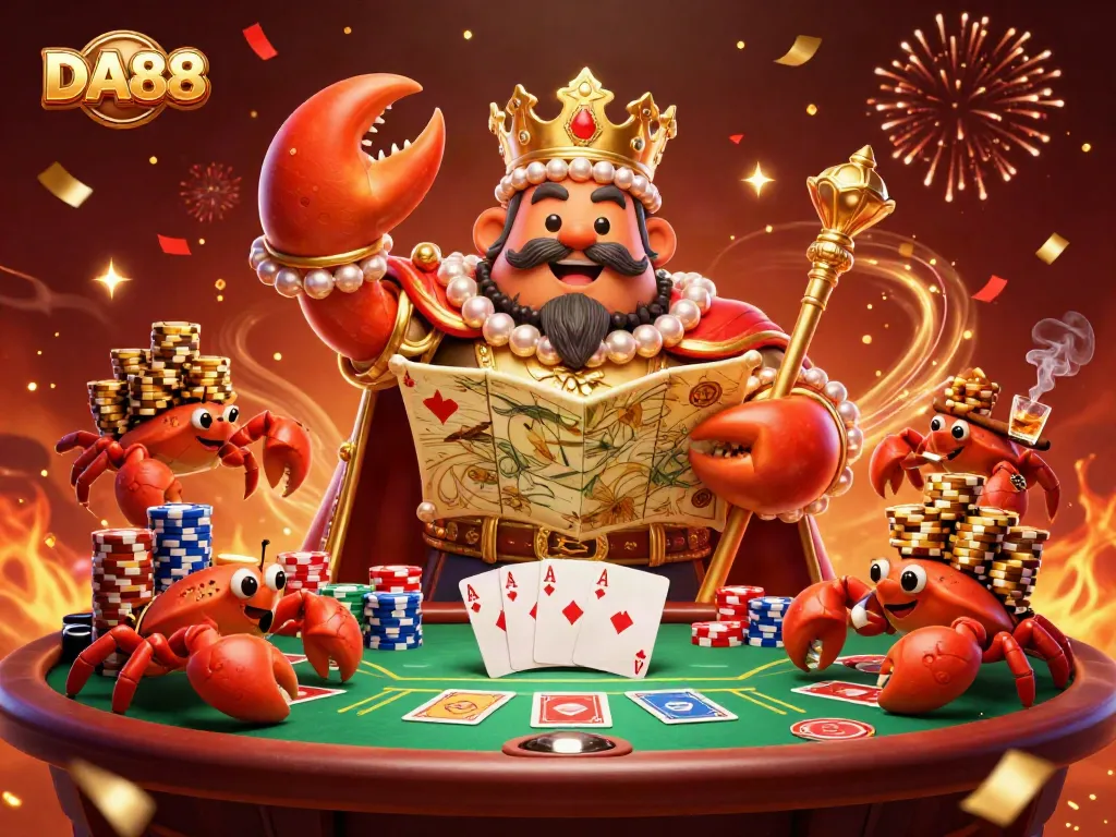 Engage with DA88 at a vibrant casino scene featuring a crab emperor and dynamic poker elements