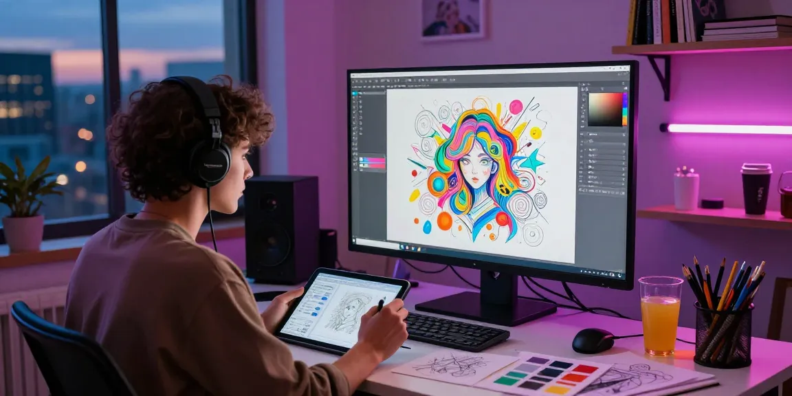 Digital artist creating nsfw ai illustrations in vibrant studio setting